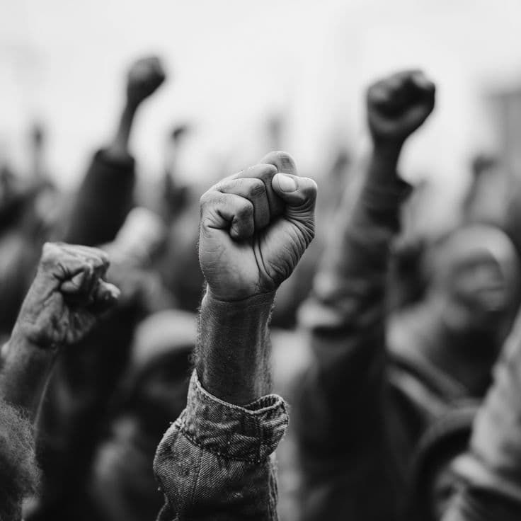 Raised fists in a crowd